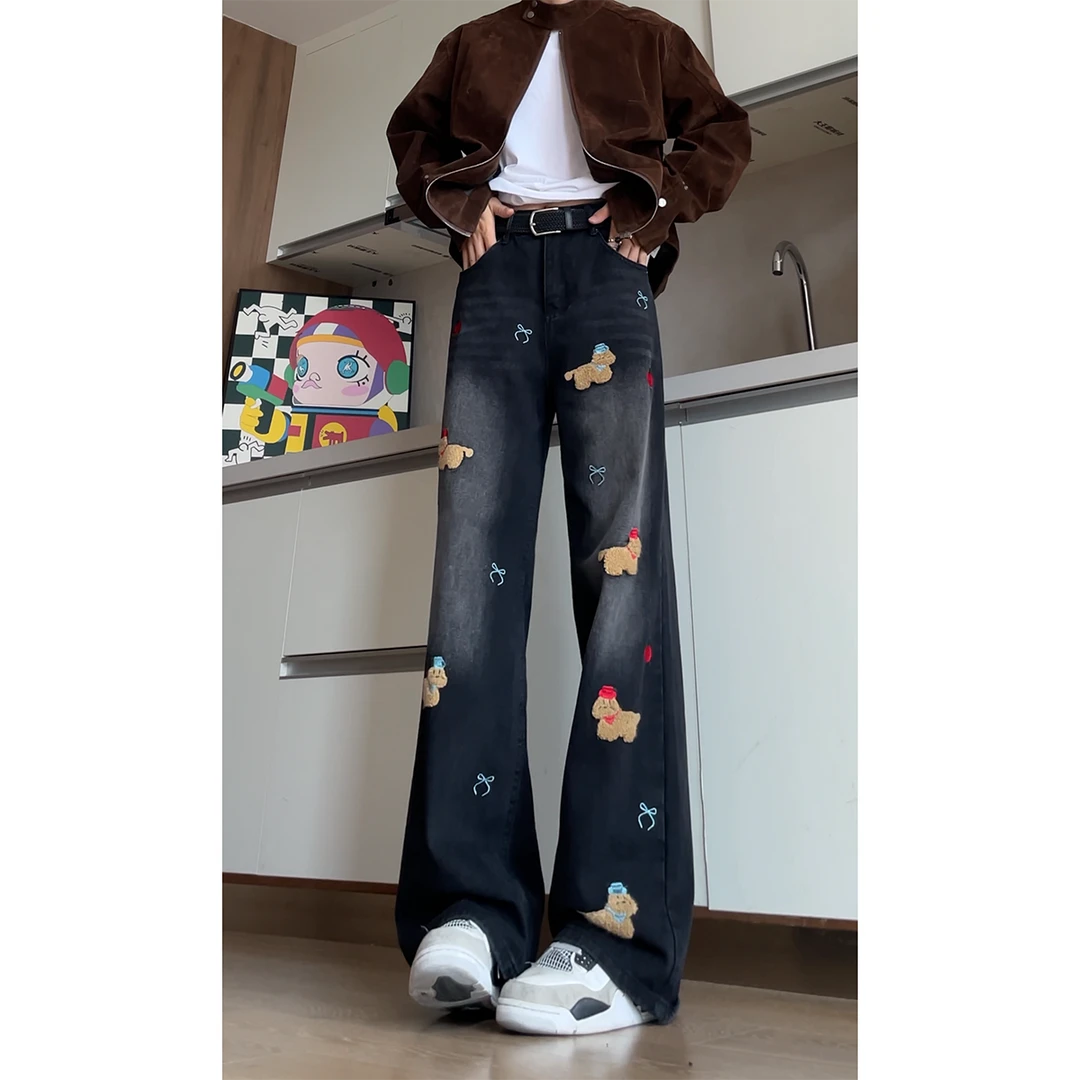 美式趣味小狗刺绣牛仔裤男女2025秋季新款高街设计感直筒阔腿国潮