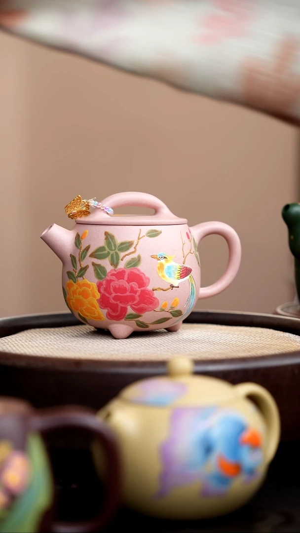 茶壶紫砂粉色胖瓢泥绘花鸟（新珠）