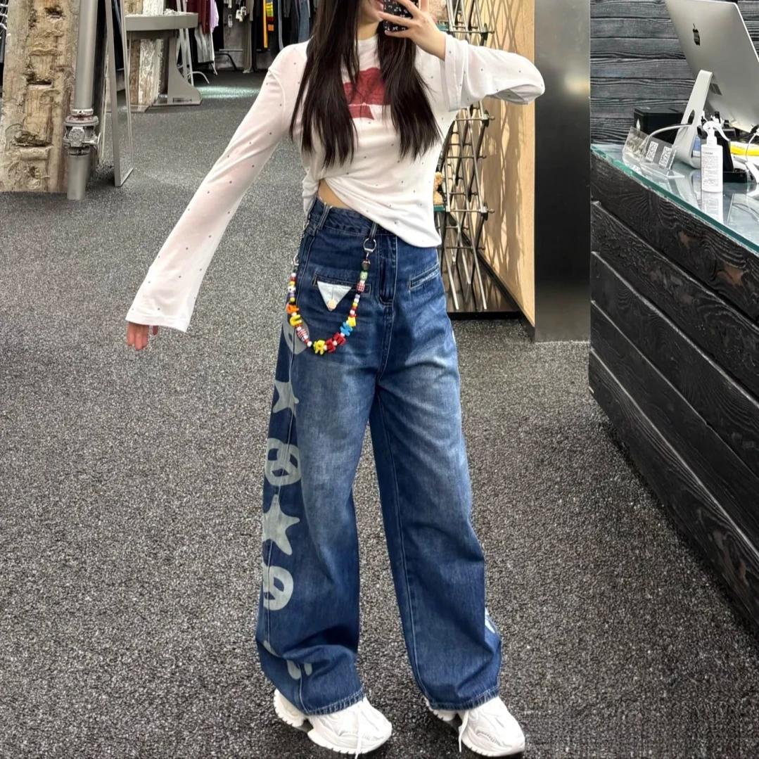 CUP25春夏新款法式面包牛仔长裤深蓝色牛仔裤