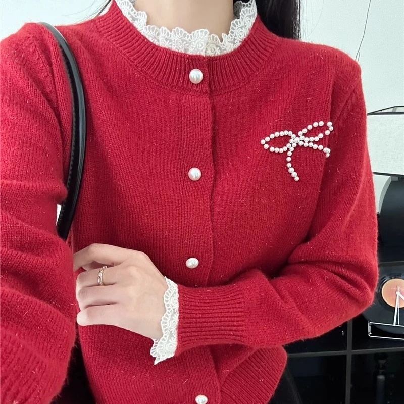 亮晶晶花边开衫女毛衣针织衫钉珠小香风外套长袖外套软糯宽松显瘦
