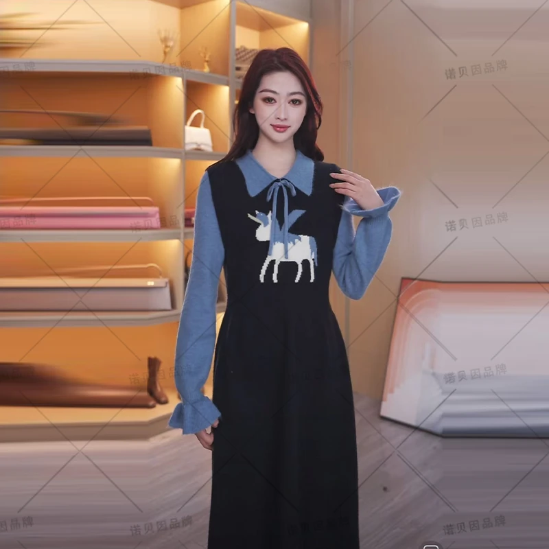 nuobeiyin/诺贝因冬季POLO领卡通图案针织连衣裙毛衣裙NTS683451