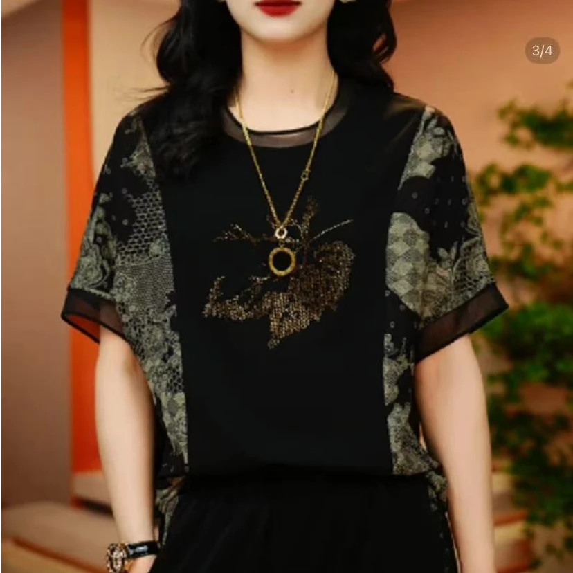 枫叶蕾丝-新款2025时尚舒适百搭减龄女优雅轻奢气质宽松印花小衫