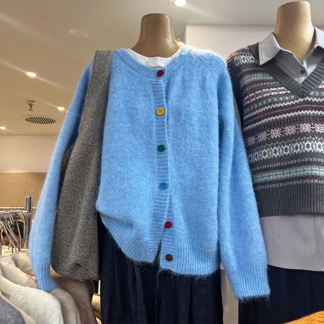 韩版2026年春秋潮流十三行甜美休闲减龄百搭彩色单排扣针织开衫女