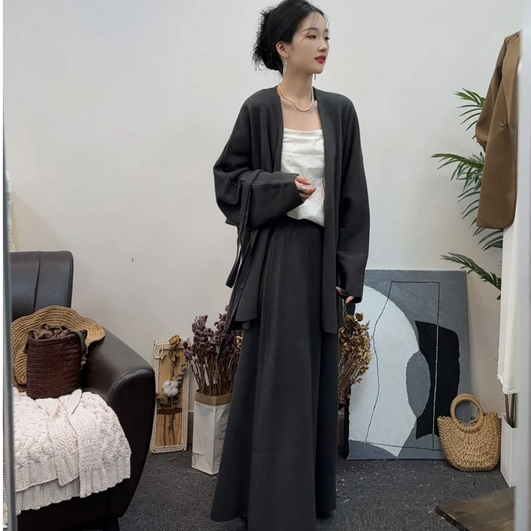 #85035#秋季清冷松弛感通勤穿搭极简慵懒风针织开衫半身裙套装女