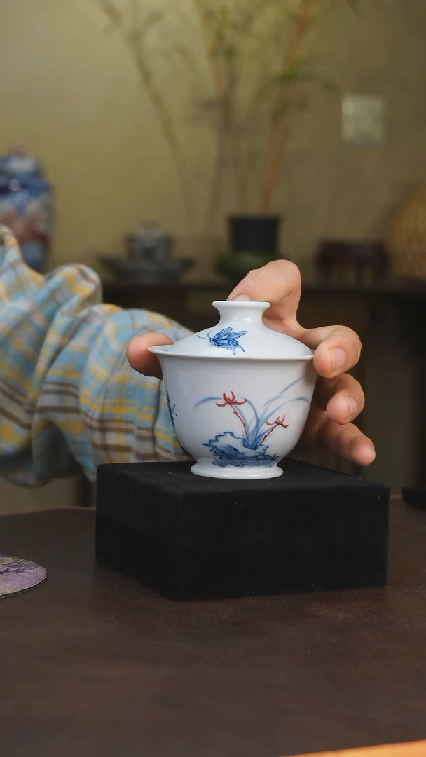 盖碗柴窑纯手会兰花盖碗