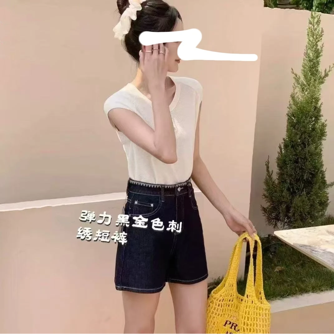 （柚子同款）JS夏季韩版弹力黑金色刺绣短裤7638（8367）