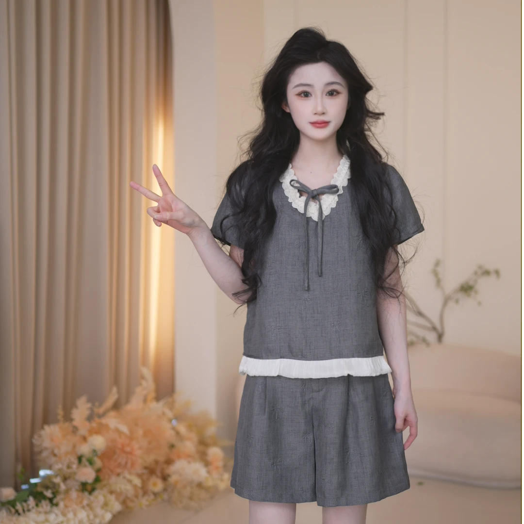 Basic House/百家好短袖气质时尚夏复古宽松印花套装B1385B5R112