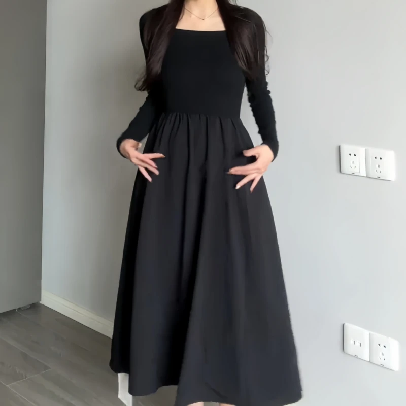 早秋新款法式长袖方领拼接连衣裙女高级感修身显瘦气质赫本长裙子