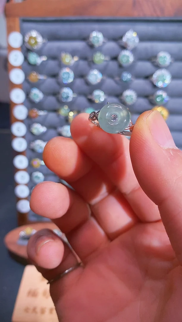 银S925镶嵌戒指翡翠S925银镶翡翠平安扣女饰品