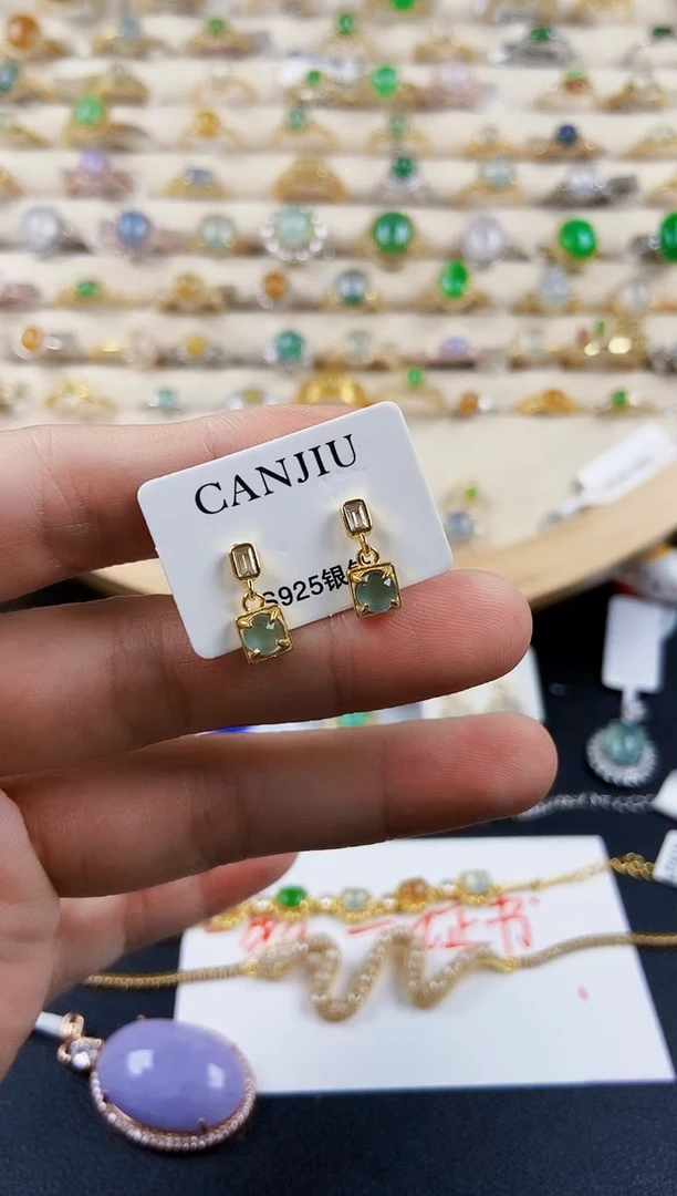 翡翠银S925镶嵌耳饰5898
