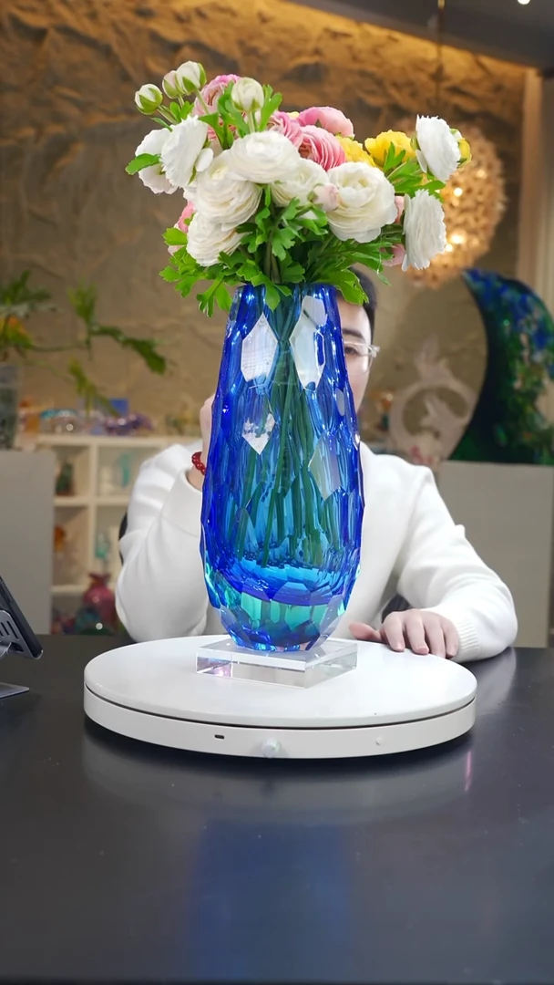 手工艺品琉璃宝石蓝凹切面花器