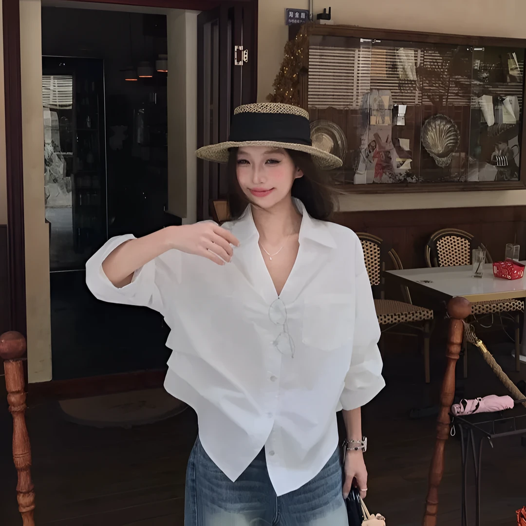 白色老钱风复古高级感气质长袖衬衣女装夏季收腰显瘦小众衬衫上衣