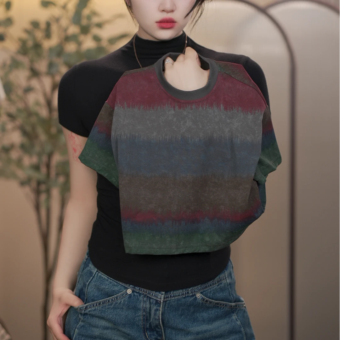 【菠菜现货】2025夏季小众设计儿童韩版时尚百搭休闲彩虹撞色T桖