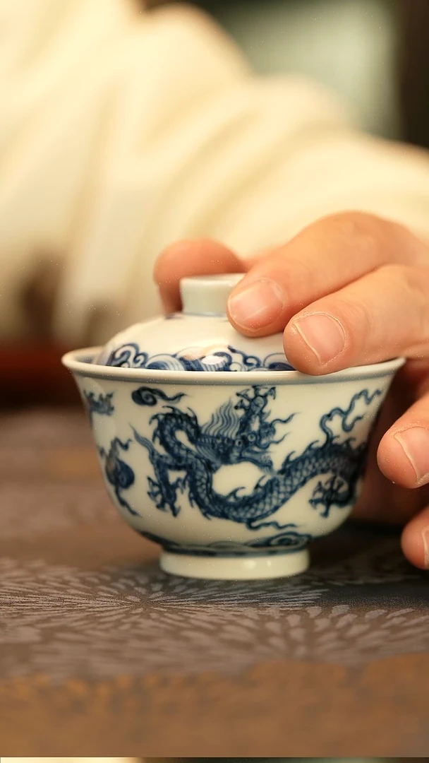 中式仿明青花双龙纹盖碗