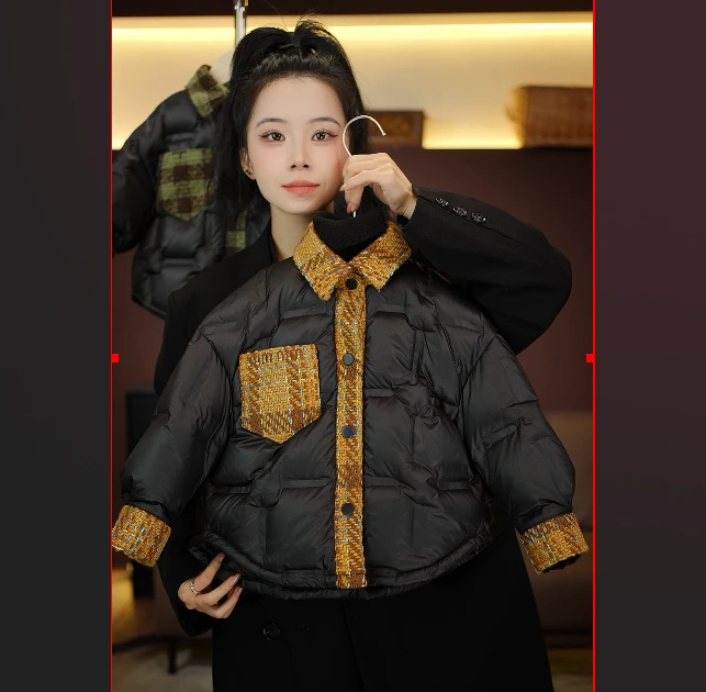 2024新款设计师时尚翻领休闲洋气拼接冬季复古保暖羽绒服22583