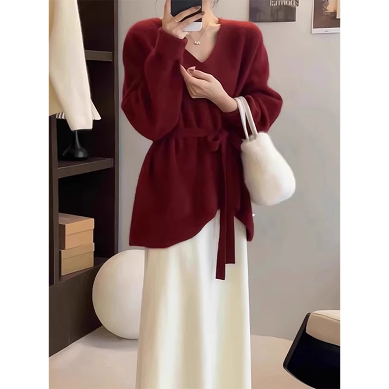法式过年红色小个子系带v领毛衣女秋冬季高级感中长款针织衫上衣