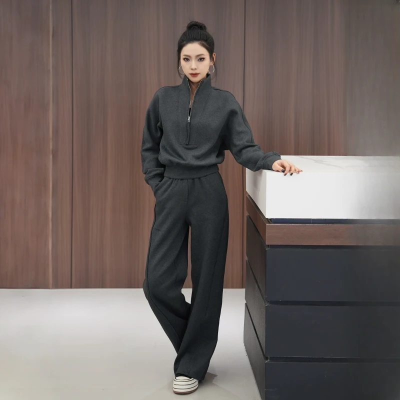 POPULARYW【闲趣-灰色】休闲风松紧腰卫裤立领拉链收腰卫衣时尚套装