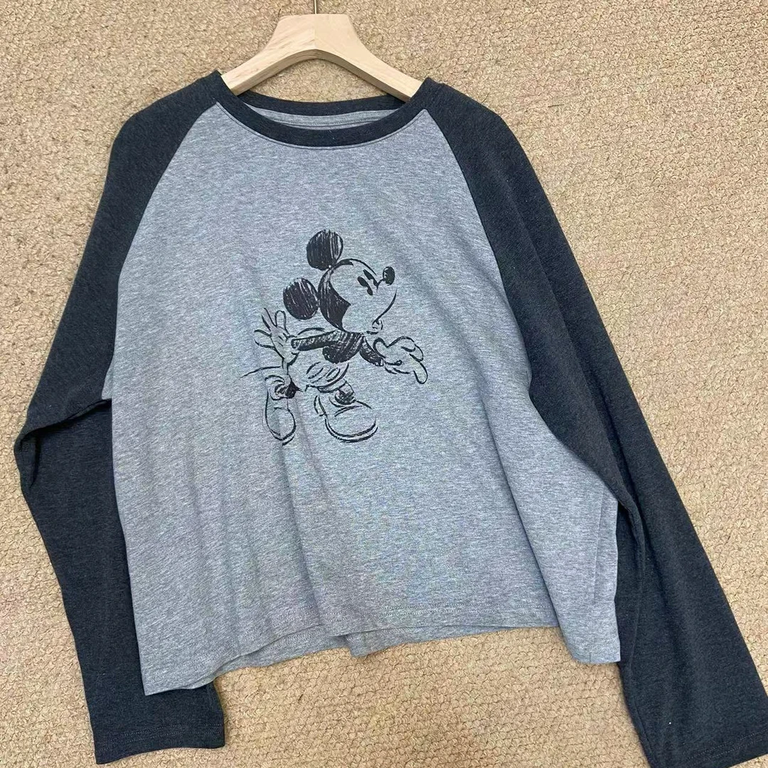 短款米奇磨毛打底衫长袖T恤韩系时尚显瘦宽松百搭女士印花圆领