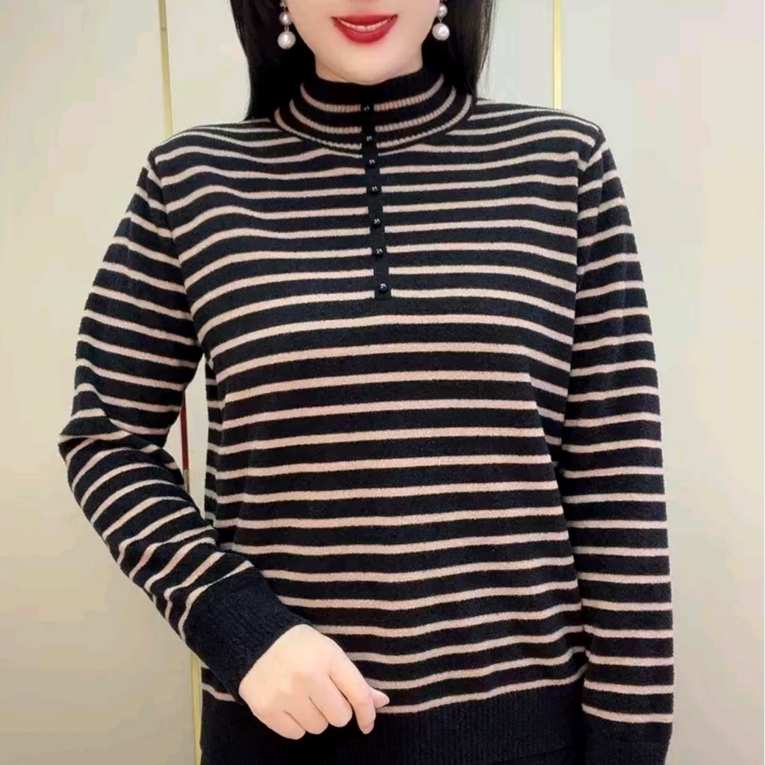 加厚保暖中年妈妈针织打底衫冬季新款时尚女士拼接条纹半高领毛衣