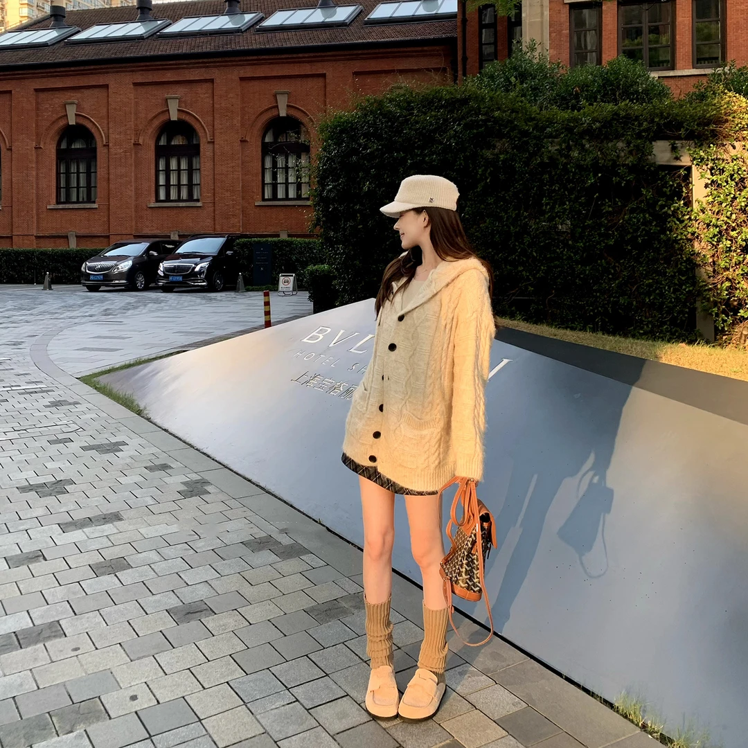 触动菱纹连帽针织加厚宽松毛衣开衫外套时尚慵懒风气质百搭上衣