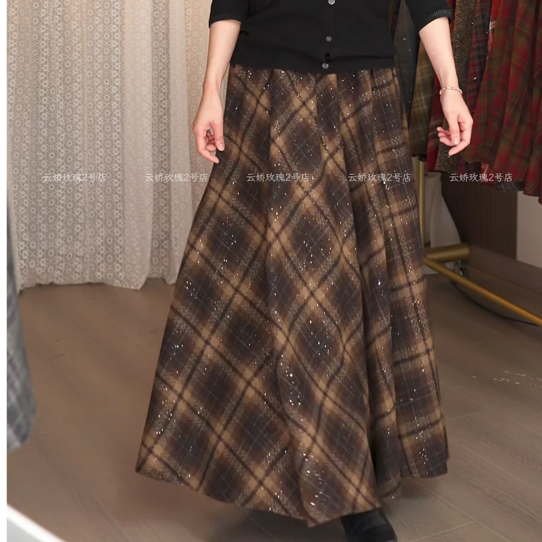 【丽】312大摆毛呢高腰格子复古百搭中长裙半身裙女2025秋冬新款