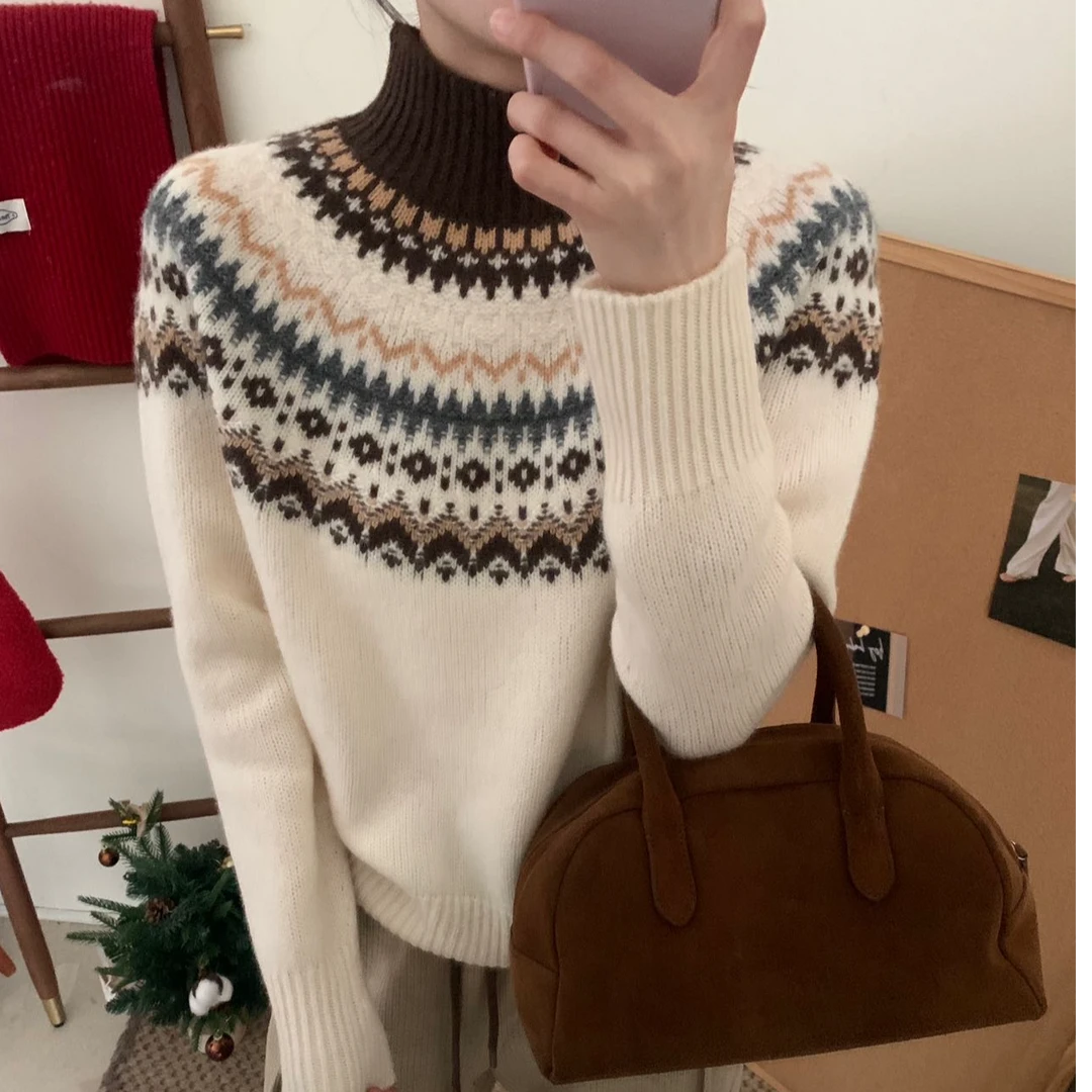 韩版冬款打底半高领软糯慵懒风提花费尔岛设计感撞色套头毛衣