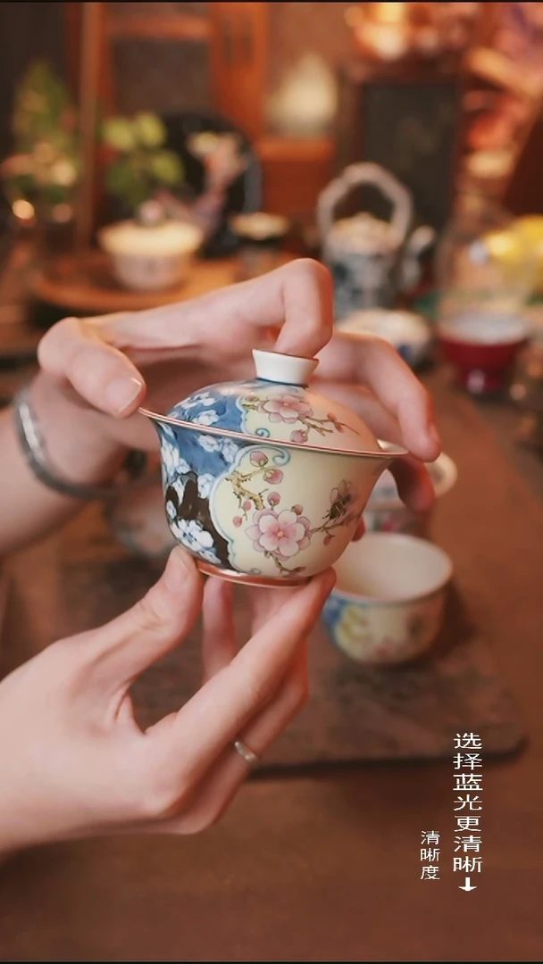 景德镇 手绘梅花开窗盖碗