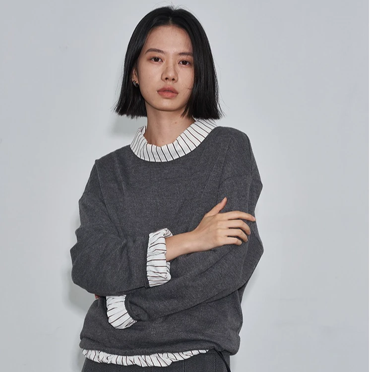 same flow假两件领口条纹拼接叠穿小众高级感套头宽松内搭毛衣