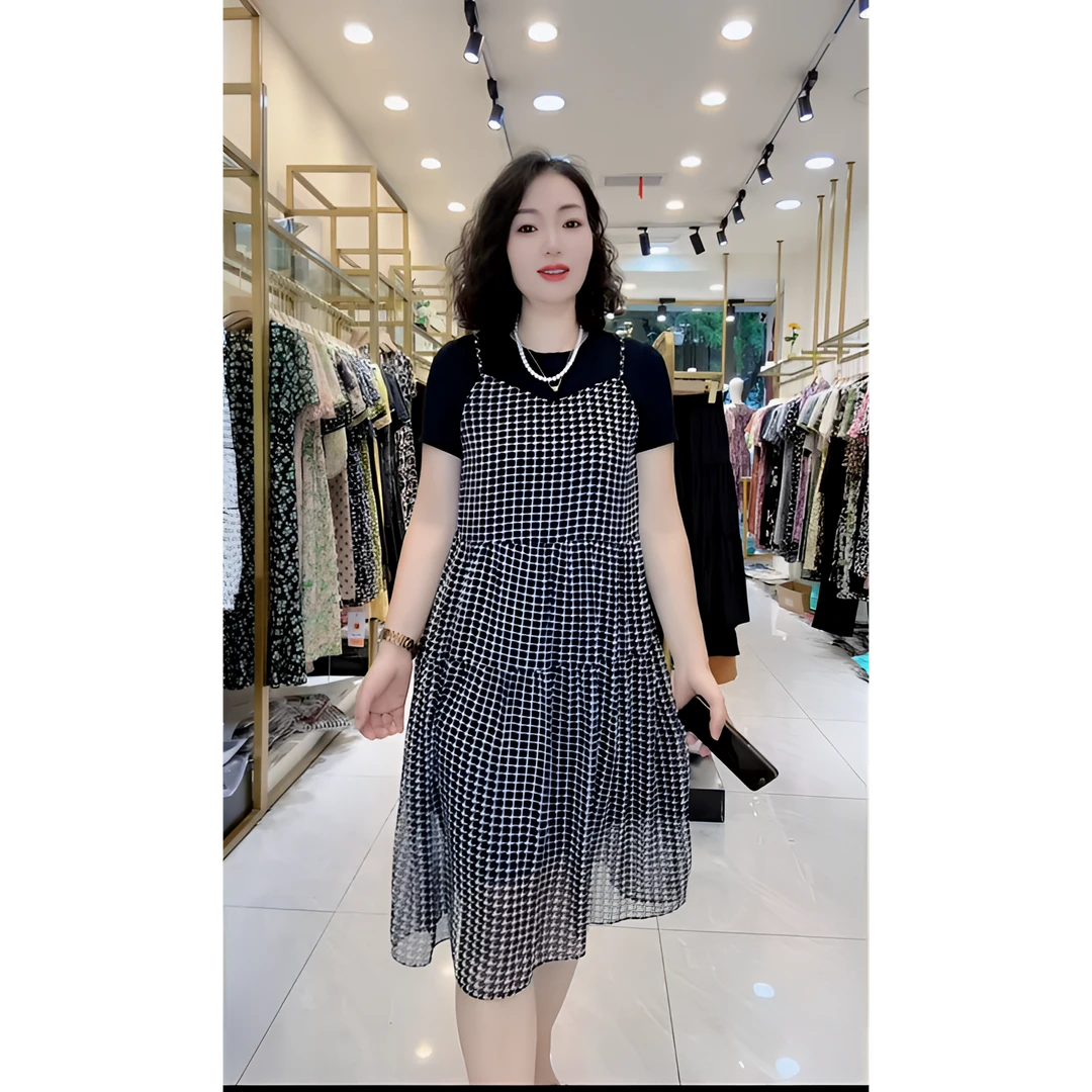 B218假两件套小宽松小香风显瘦气质时尚夏季格子拼接格纹连衣裙
