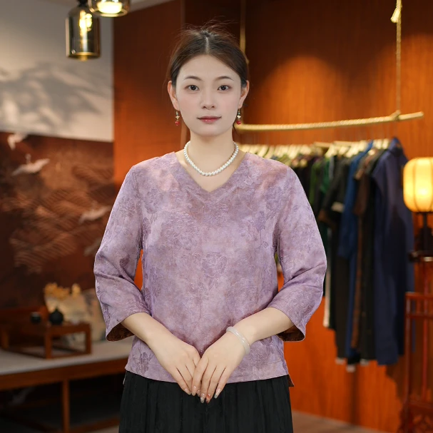 【云锦春山-上衣】设计师款V领香云纱精品上衣3704