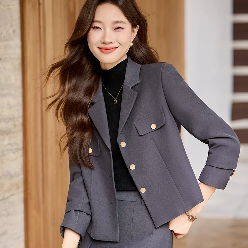 灰色西装套装女春秋2025新款超好看百褶裙两件套女士职业西服外套