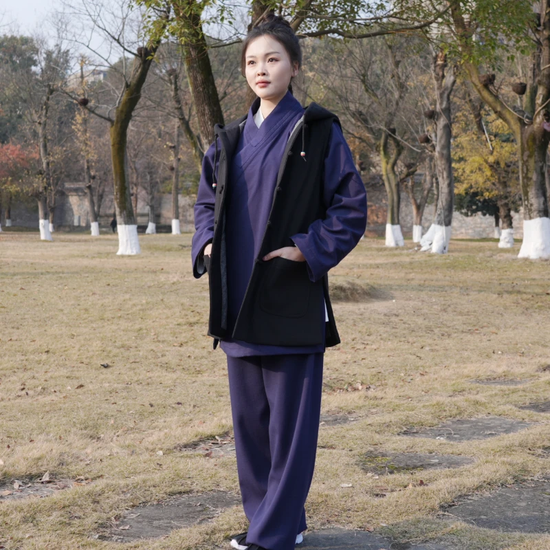 太苑加棉加厚短款带帽马甲男女同款复古中国风太极练功服/道服