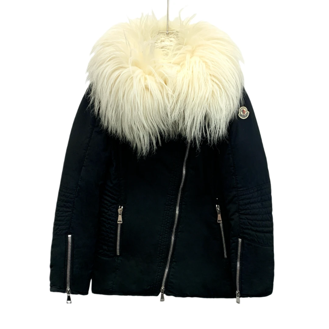 99新 MONCLER  CW0648 徽标贴饰毛领羽绒服机车拉链外套 5 L码