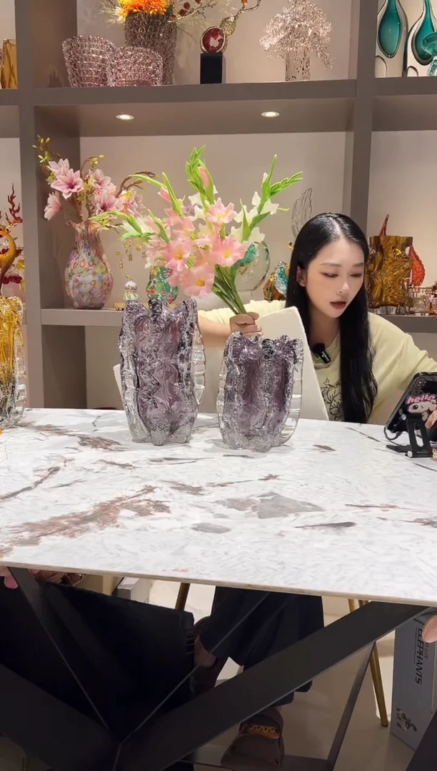 烟紫色气泡琉璃花瓶一对（不含花）