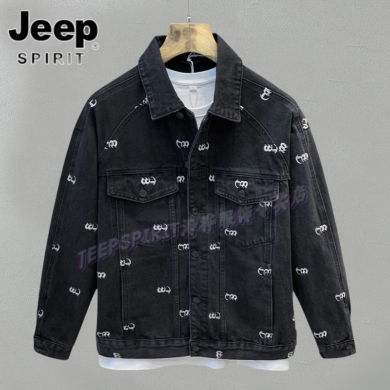 Jeep吉普春秋季节宽松刺绣夹克水洗外套满印黑色男士印花男装上衣