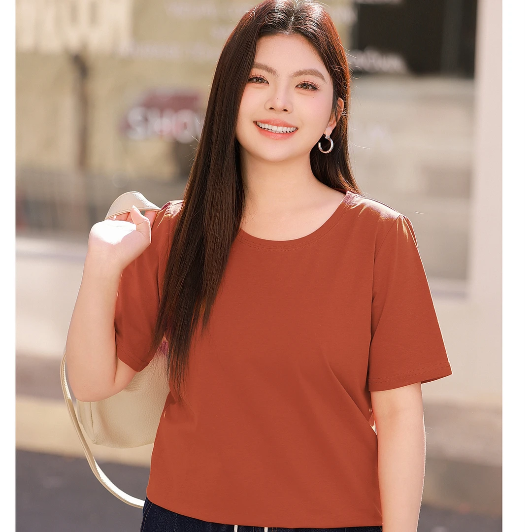 【欧若风休闲简约天丝棉上衣】MsShe大码女装新款夏正肩T恤M2502004