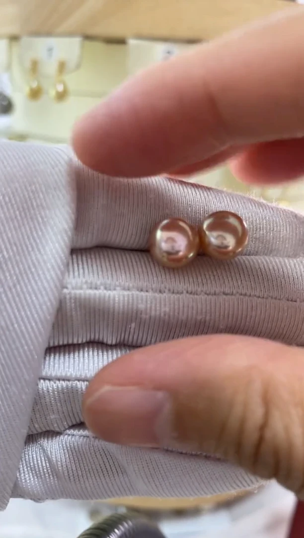 银S925镶嵌耳饰淡水珍珠8-9馒头珠