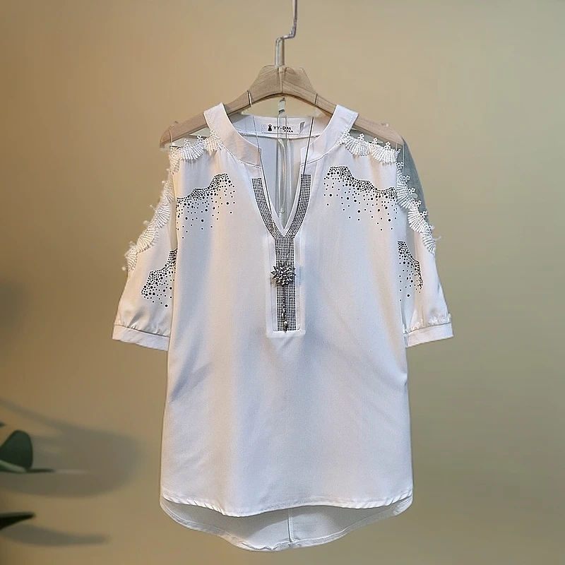 春夏新款大码女装时尚气质宽松露肩蕾丝拼接烫钻上衣