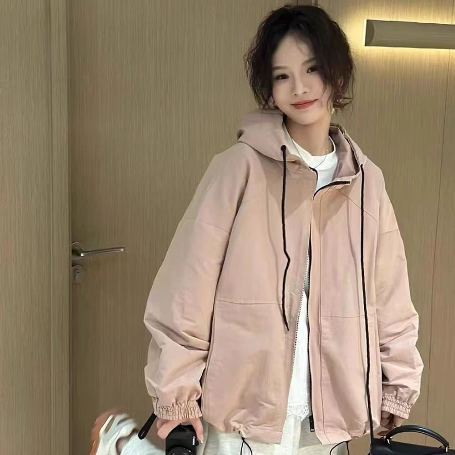 日系宽松外套大码女装连帽冲锋衣宽松型连帽百搭休闲外套