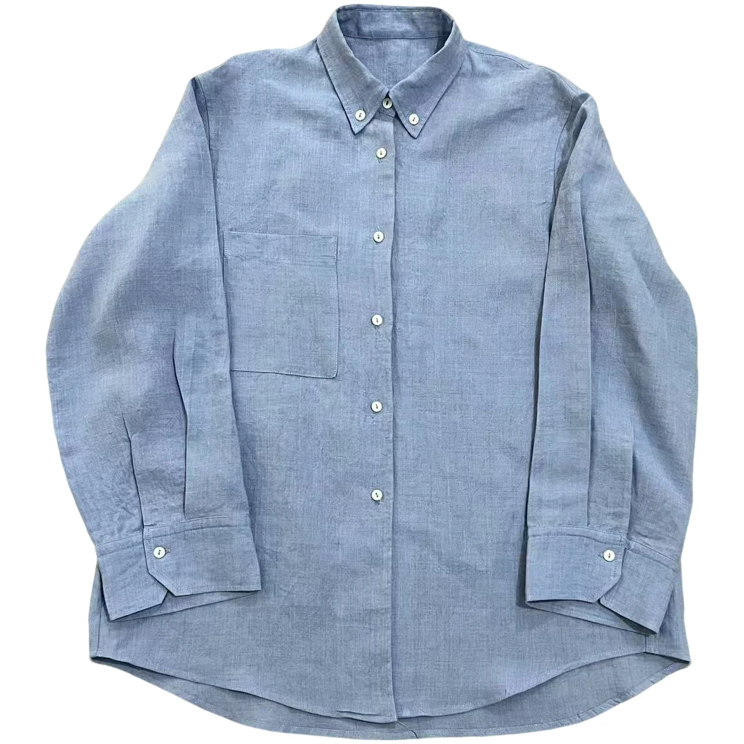 一半---蓝色砂洗亚麻宽松版型衬衣256281