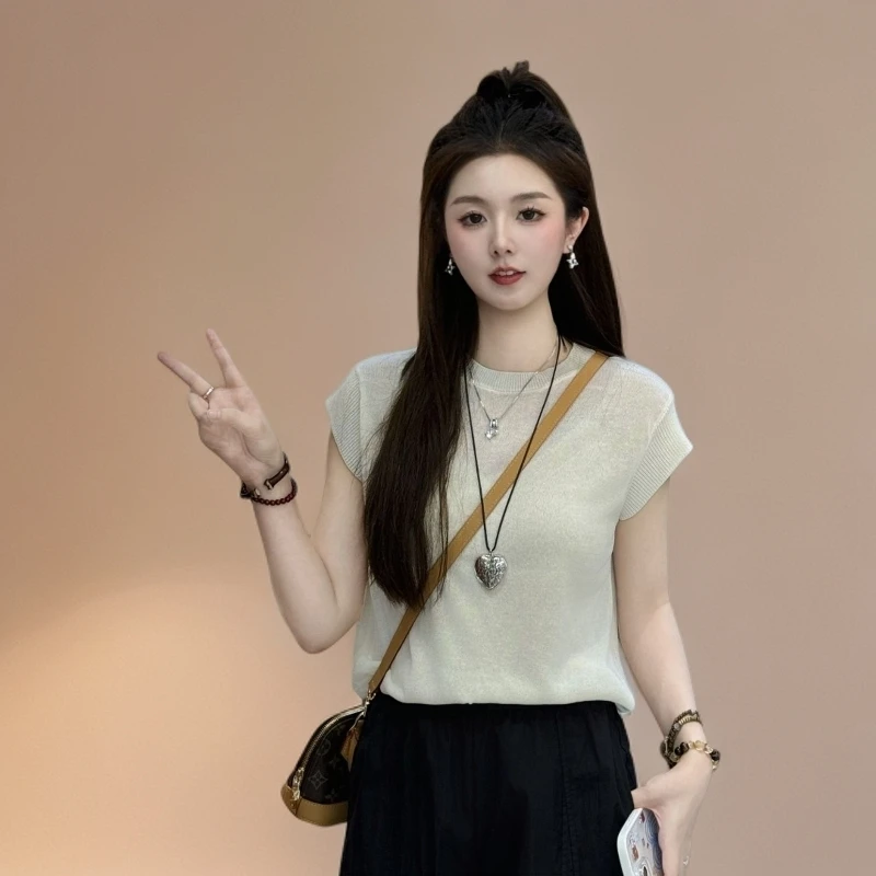 宿慕SUMU夏季纯色针织短袖薄款气质上衣新款2025圆领洋气女装