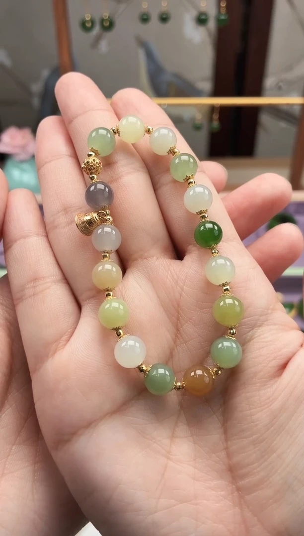 18K金镶嵌手串和田玉8mm多宝手串