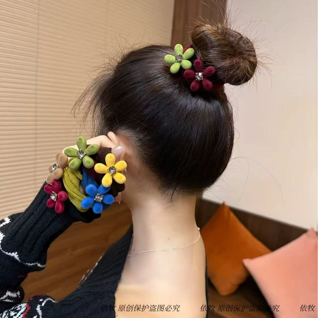 依牧韩国东大门正品天鹅绒面花朵加宽无接缝头绳高级闪钻无痕发圈