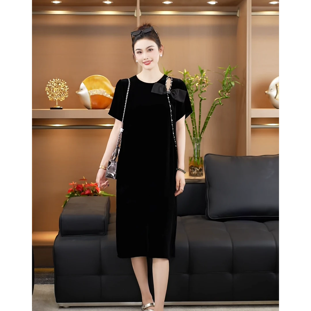 侧边蝴蝶结黑色真丝丝绒气质百搭减龄通勤连衣裙A050656