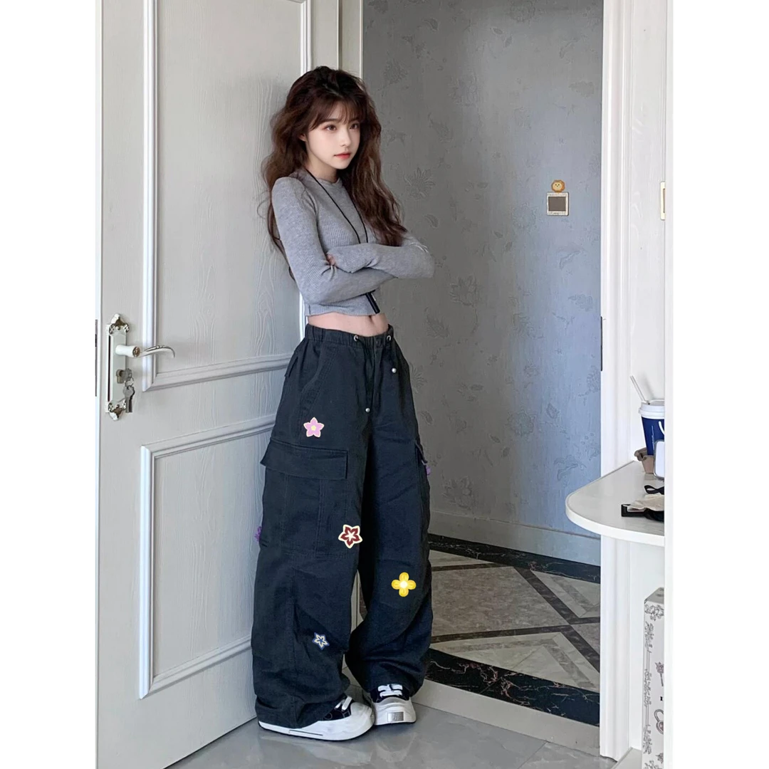 临典LDAB黑色工装裤女2025春季新款美式复古微喇设计感宽松长裤