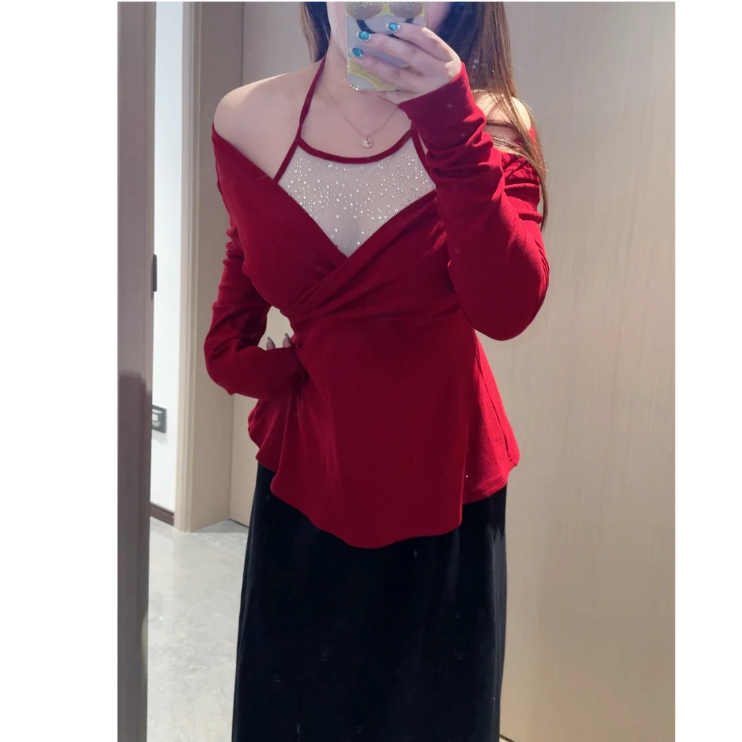 【一茹】微胖mm假两件亮片修身长袖上衣高腰显瘦半身裙套装