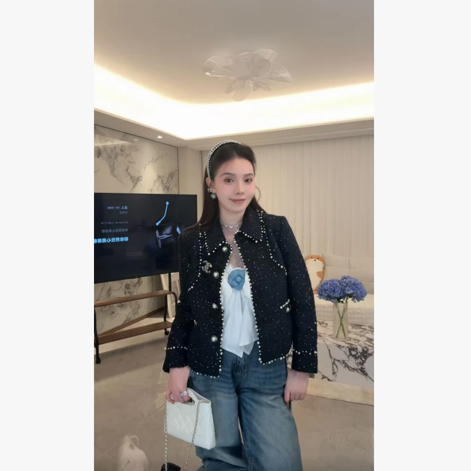 资雅 香家17K 致敬地控中心系列深海蓝珍珠刺绣细花纱小香风外套