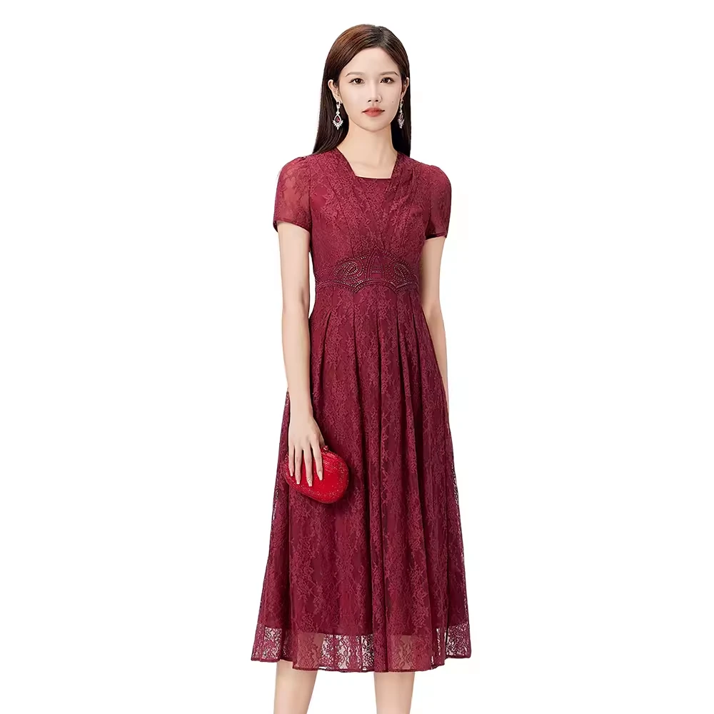 SUSSI/古色24夏酒红色v领刺绣喜装显白通勤连衣裙女装