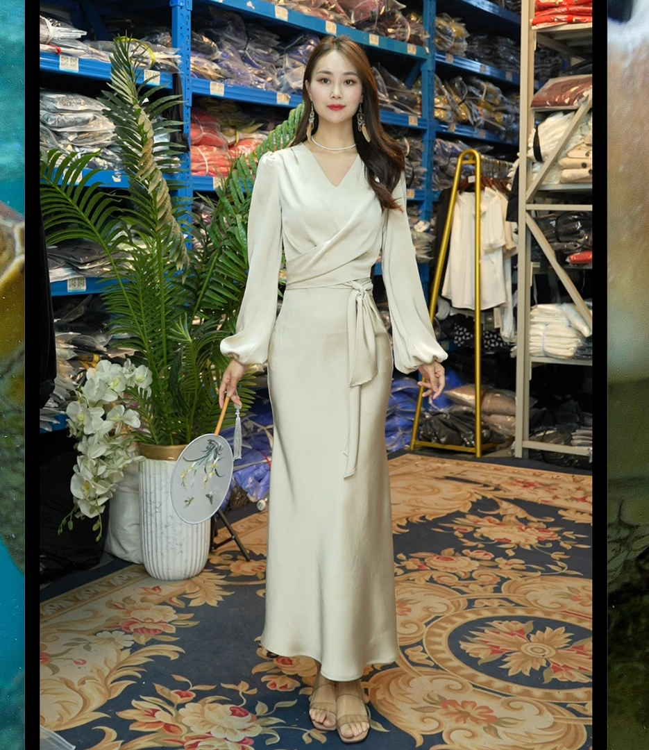 【清冷千金】醋酸优雅连衣裙女春季新款V领系带灯笼袖高腰气质长裙
