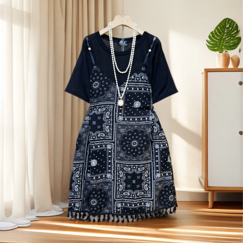 2025洋气大码女装慵懒风假两件拼接胖MM夏季新款复古潮连衣裙